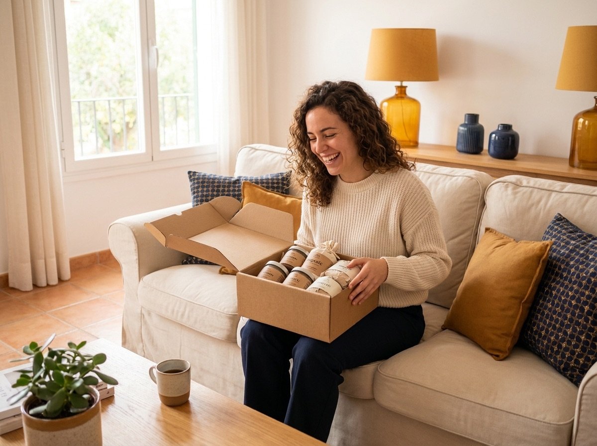 Cliente en casa abriendo su pedido Novara